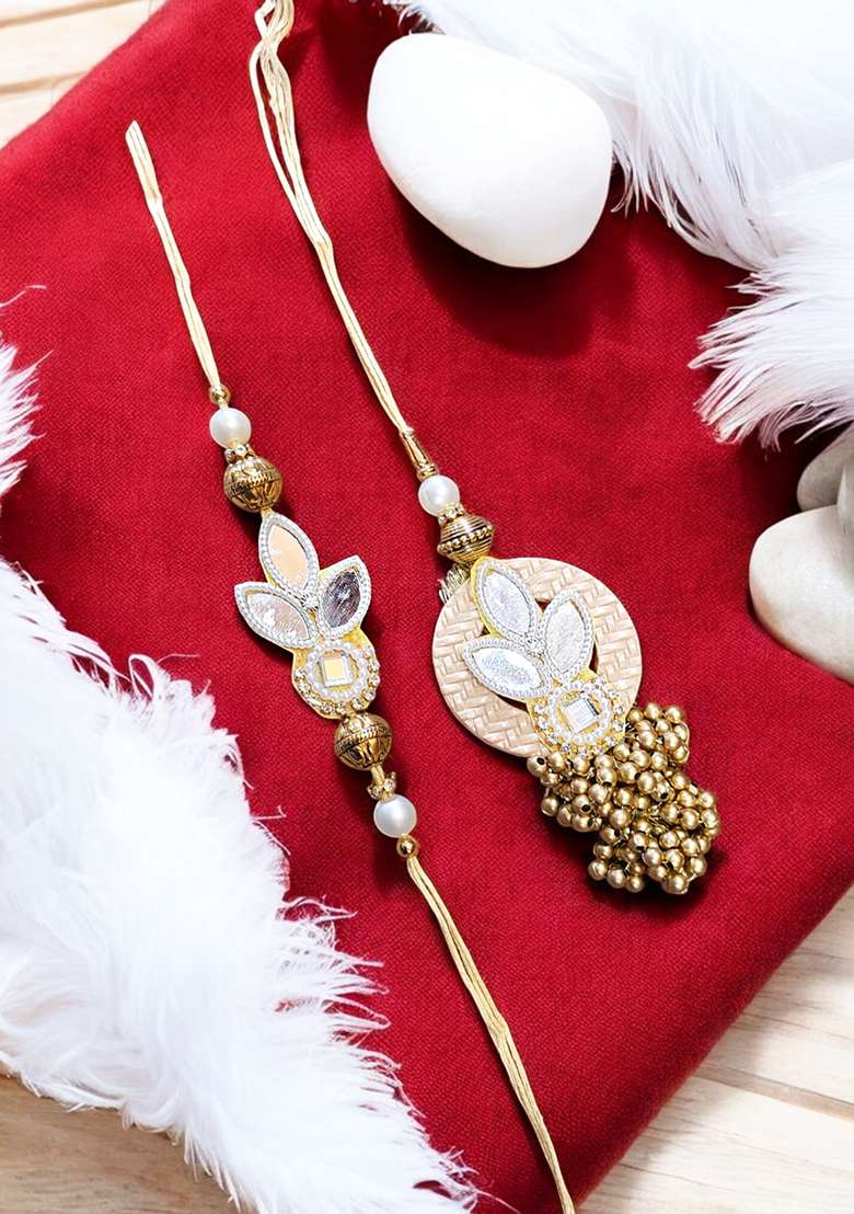 Peach  White And Gold Artificial Stones Studded Pearls Beaded Floral Bhaiya Bhabhi Rakhi - Indya