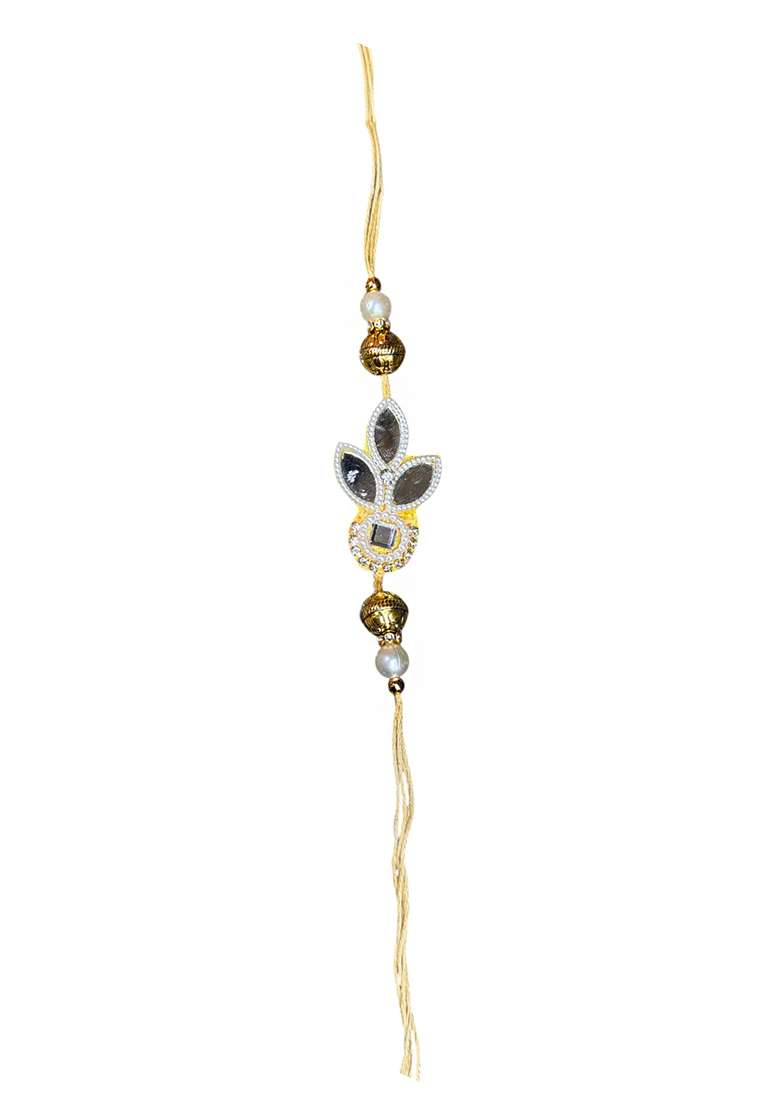 Peach  White And Gold Artificial Stones Studded Pearls Beaded Floral Bhaiya Bhabhi Rakhi - Indya