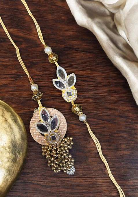 Peach  White And Gold Artificial Stones Studded Pearls Beaded Floral Bhaiya Bhabhi Rakhi