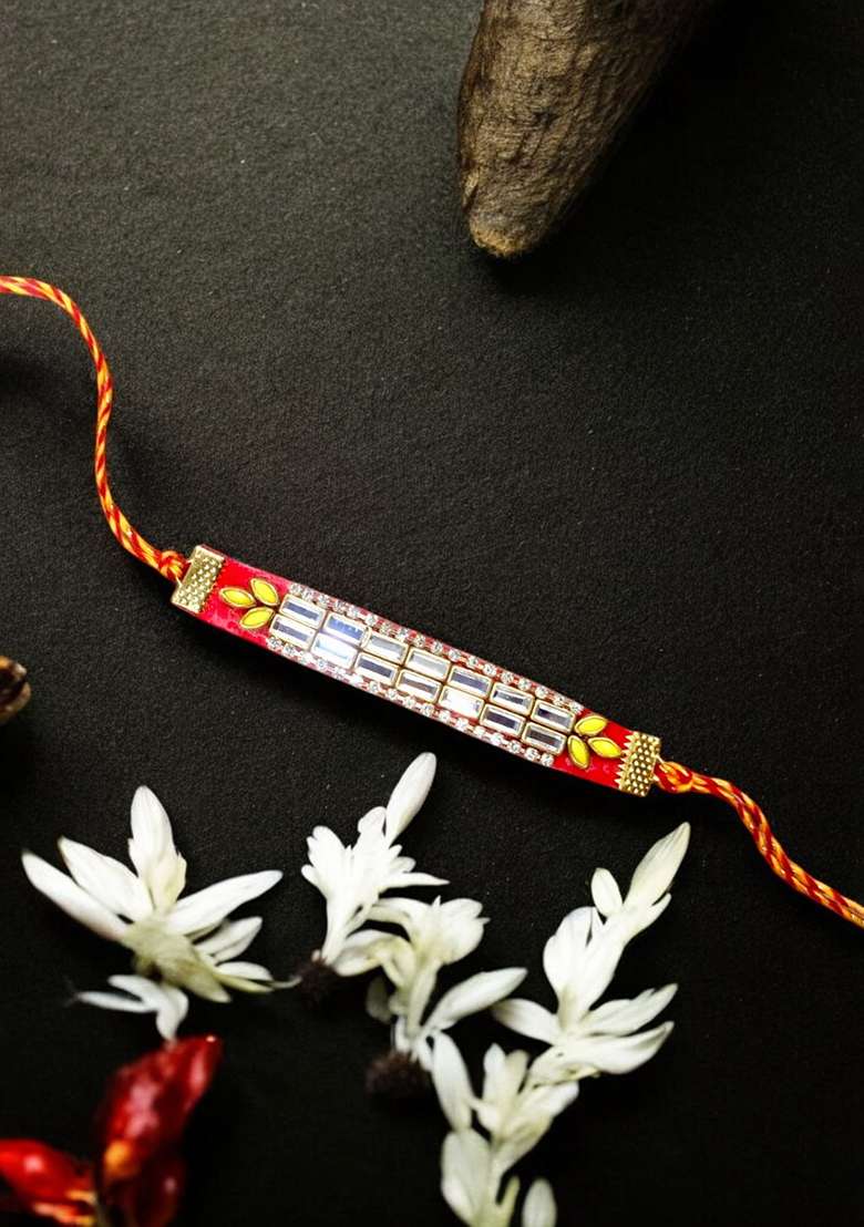 Red Coloured  Yellow And White Mirror Stones Studded Thread Rakhi - Indya