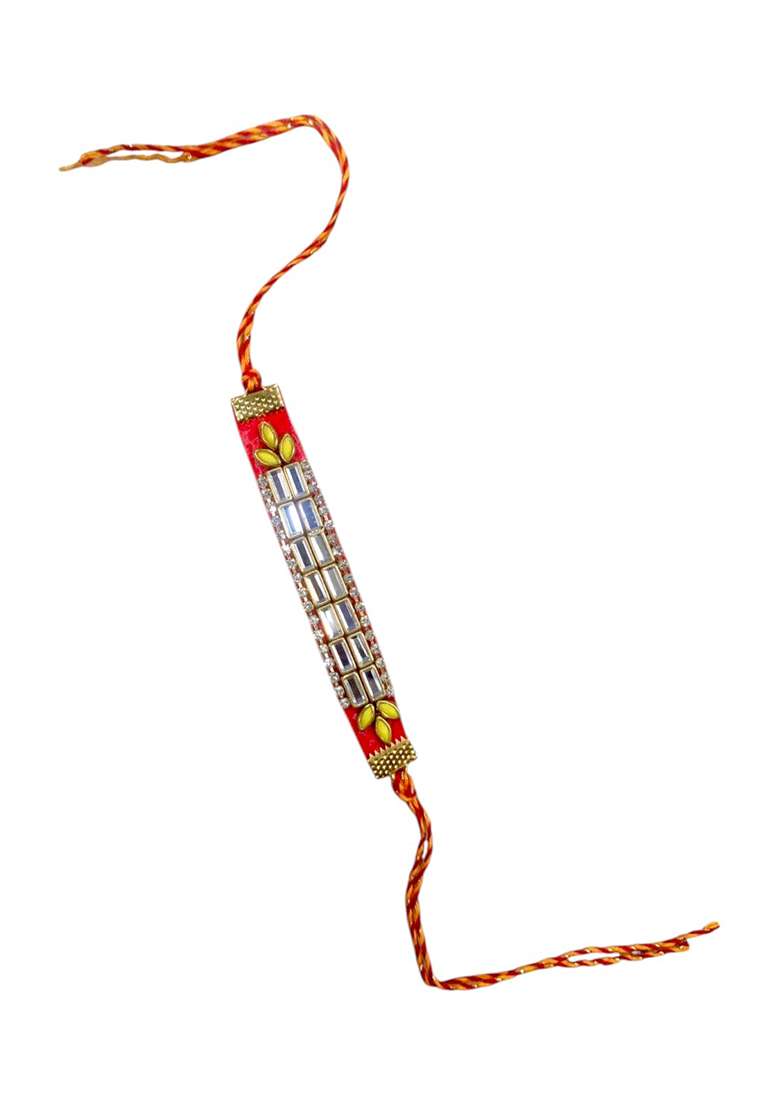 Red Coloured  Yellow And White Mirror Stones Studded Thread Rakhi - Indya