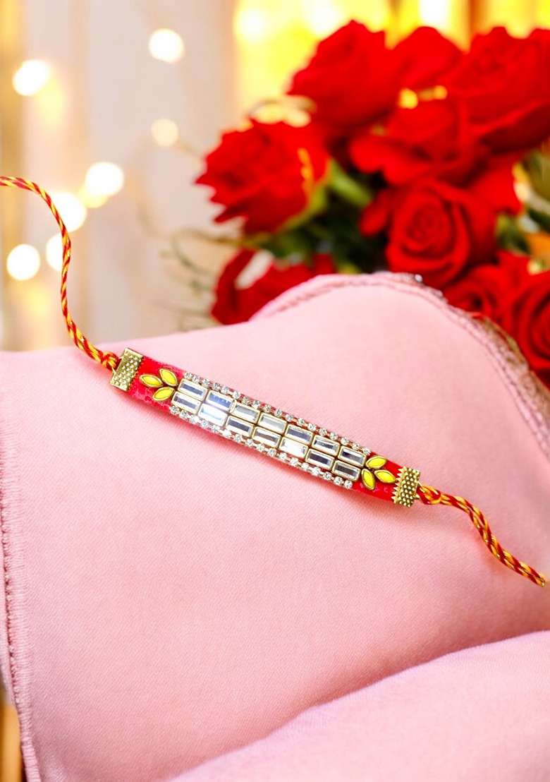 Red Coloured  Yellow And White Mirror Stones Studded Thread Rakhi - Indya