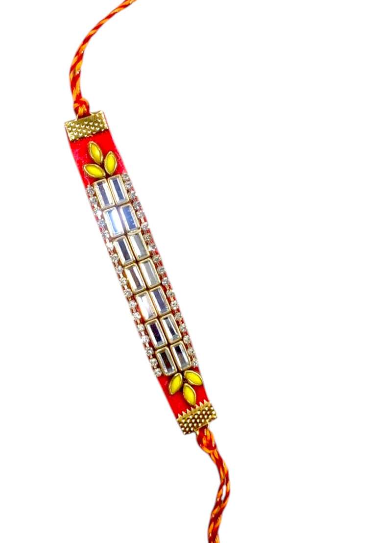 Red Coloured  Yellow And White Mirror Stones Studded Thread Rakhi - Indya