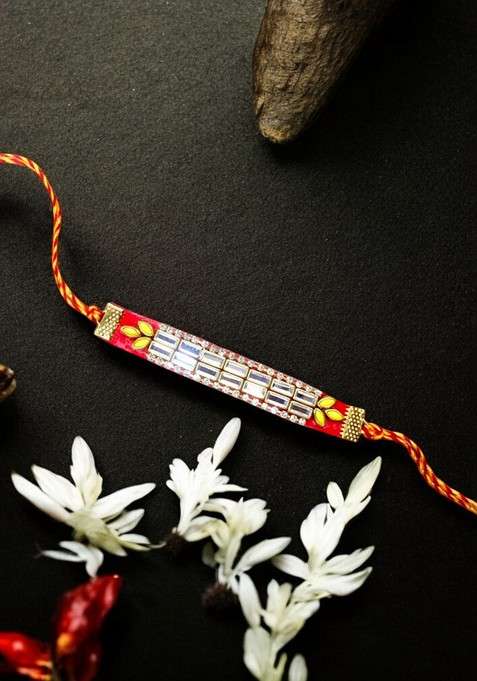 Red Coloured  Yellow And White Mirror Stones Studded Thread Rakhi