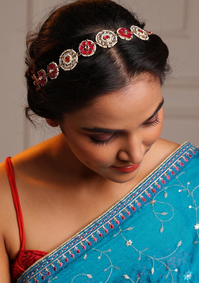 Gold Plated Kundan Stone Studded and Pearls Beaded Matha Patti