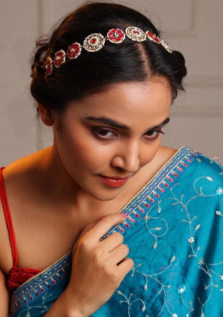 Gold Plated Kundan Stone Studded and Pearls Beaded Matha Patti