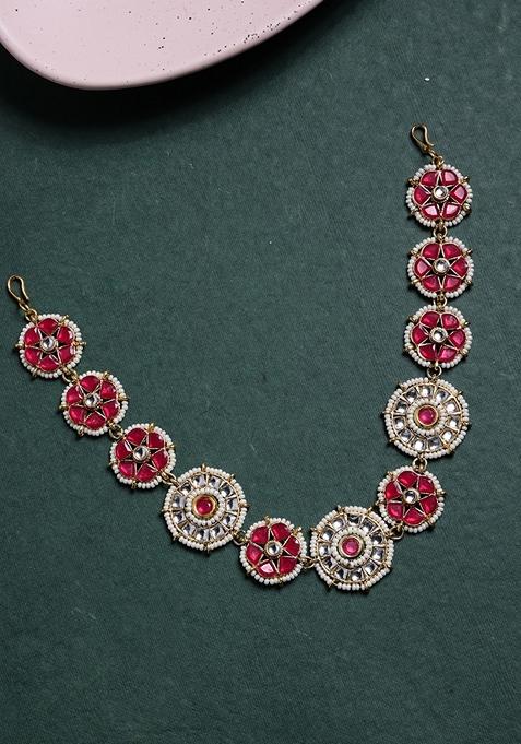 Gold Plated Kundan Stone Studded and Pearls Beaded Matha Patti