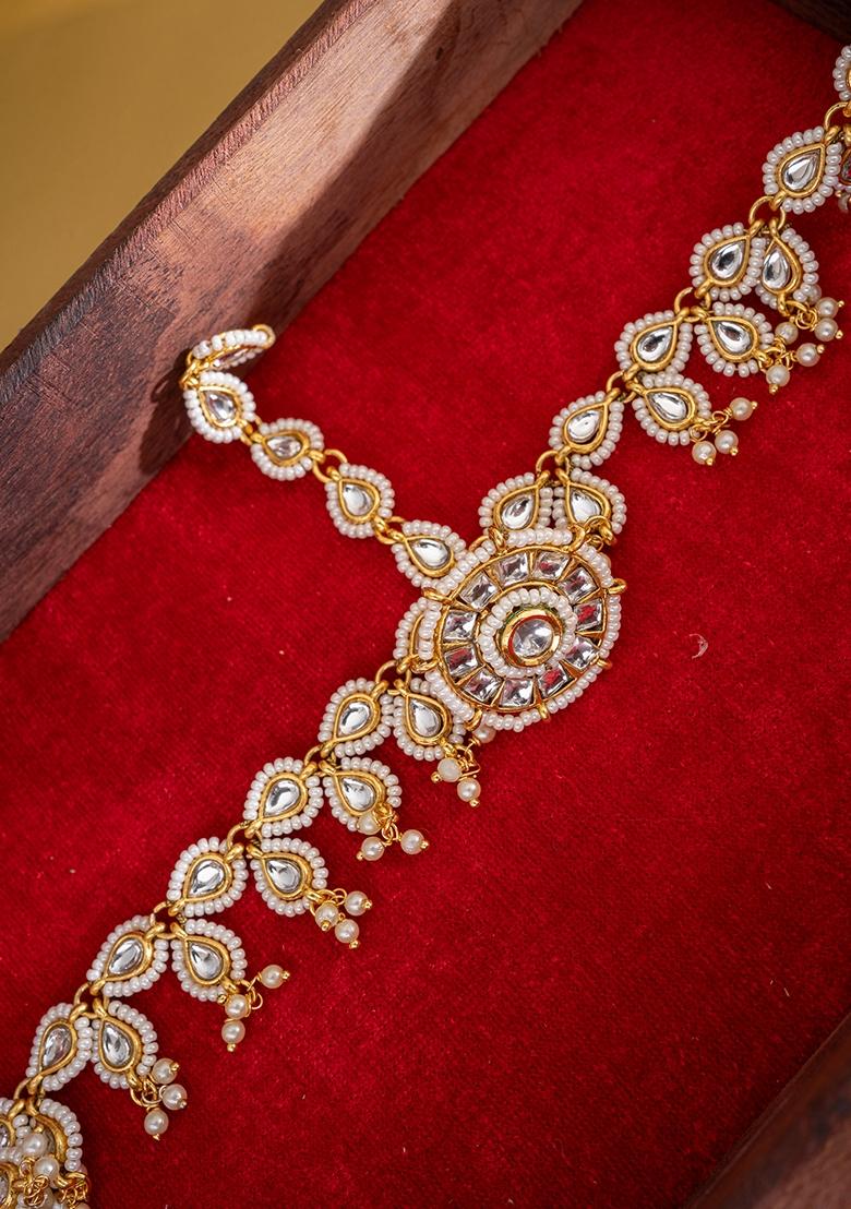 Gold Plated Kundan Studded and Pearls Beaded Maang Tikka