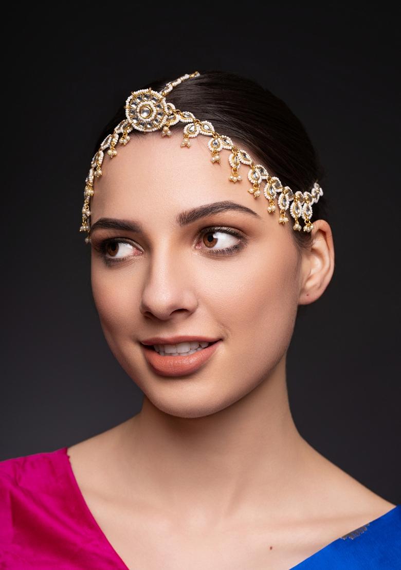 Gold Plated Kundan Studded and Pearls Beaded Maang Tikka