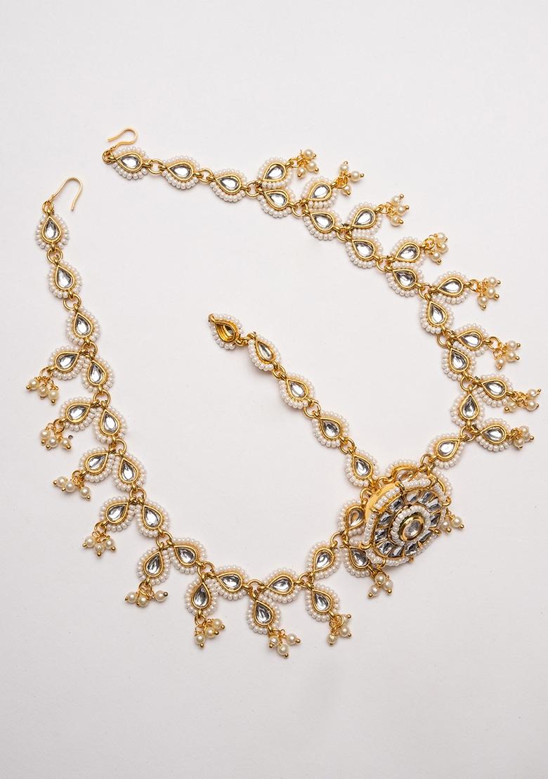 Gold Plated Kundan Studded and Pearls Beaded Maang Tikka