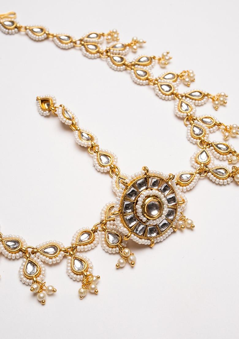 Gold Plated Kundan Studded and Pearls Beaded Maang Tikka