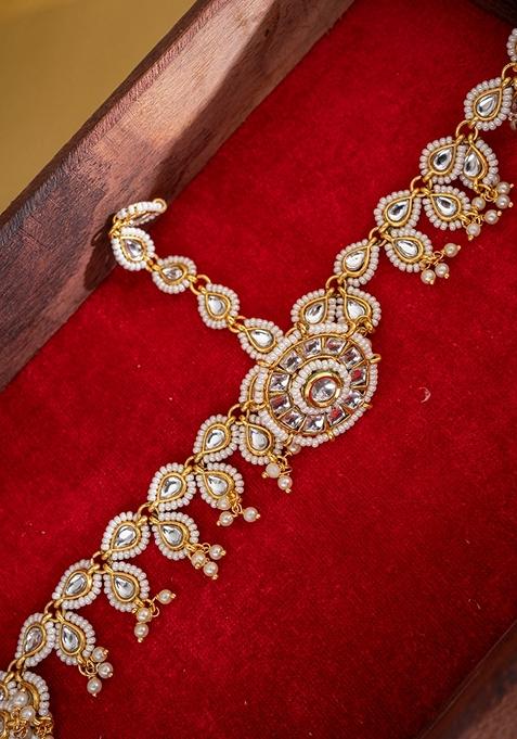 Gold Plated Kundan Studded and Pearls Beaded Maang Tikka