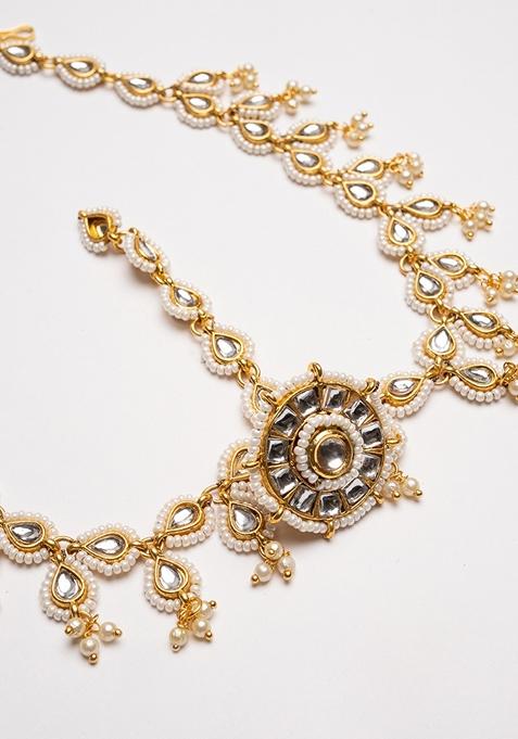 Gold Plated Kundan Studded and Pearls Beaded Maang Tikka