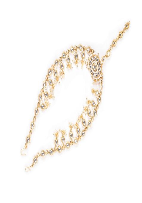 Gold Plated Kundan Studded and Pearls Beaded Maang Tikka