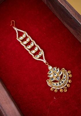 Gold Plated Kundan Studded and Pearls Beaded Maang Tikka