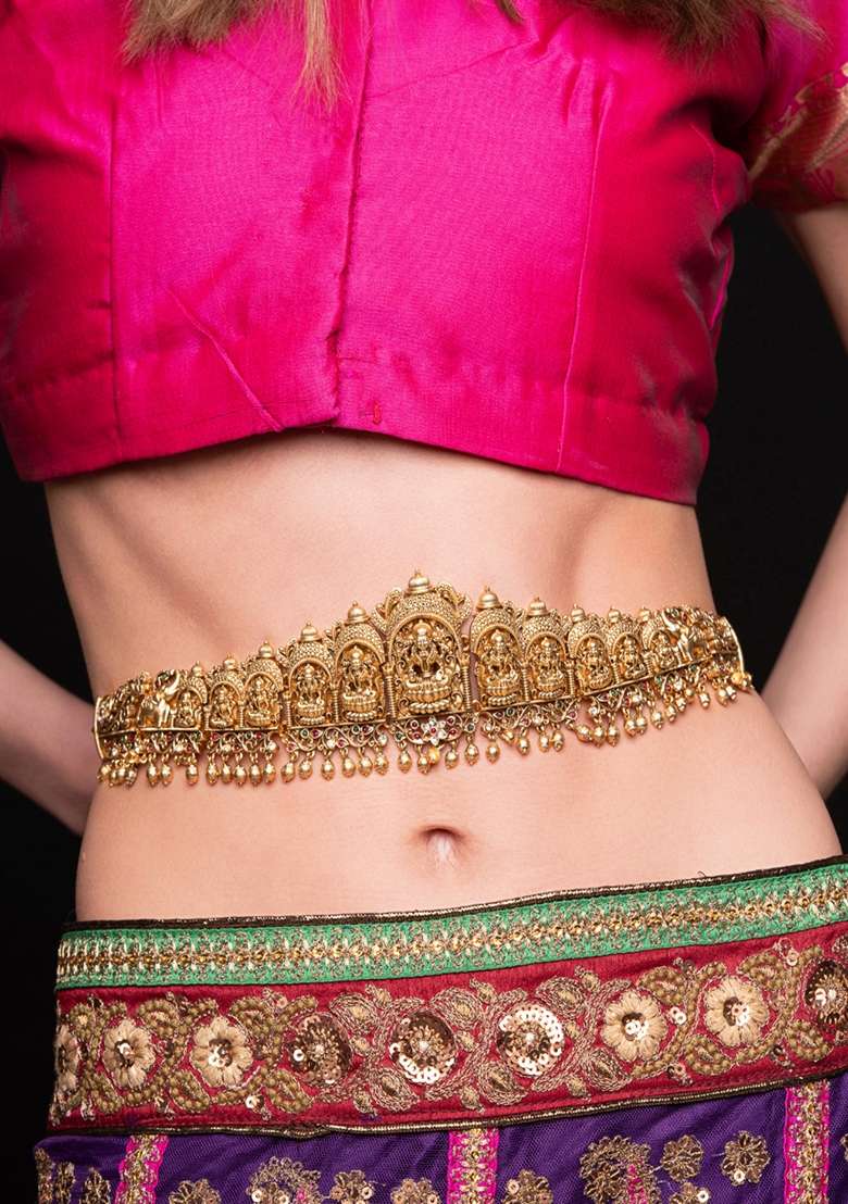 Gold Plated Stone Studded and Beaded Waist Chain Kamarbandh - Indya