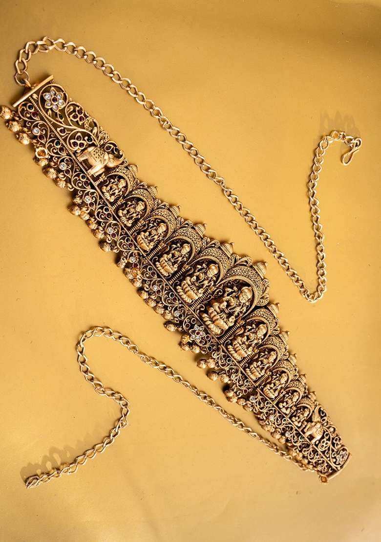 Gold Plated Stone Studded and Beaded Waist Chain Kamarbandh - Indya