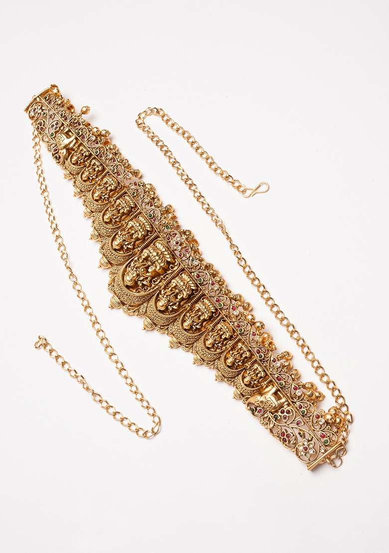Gold Plated Stone Studded and Beaded Waist Chain Kamarbandh - Indya
