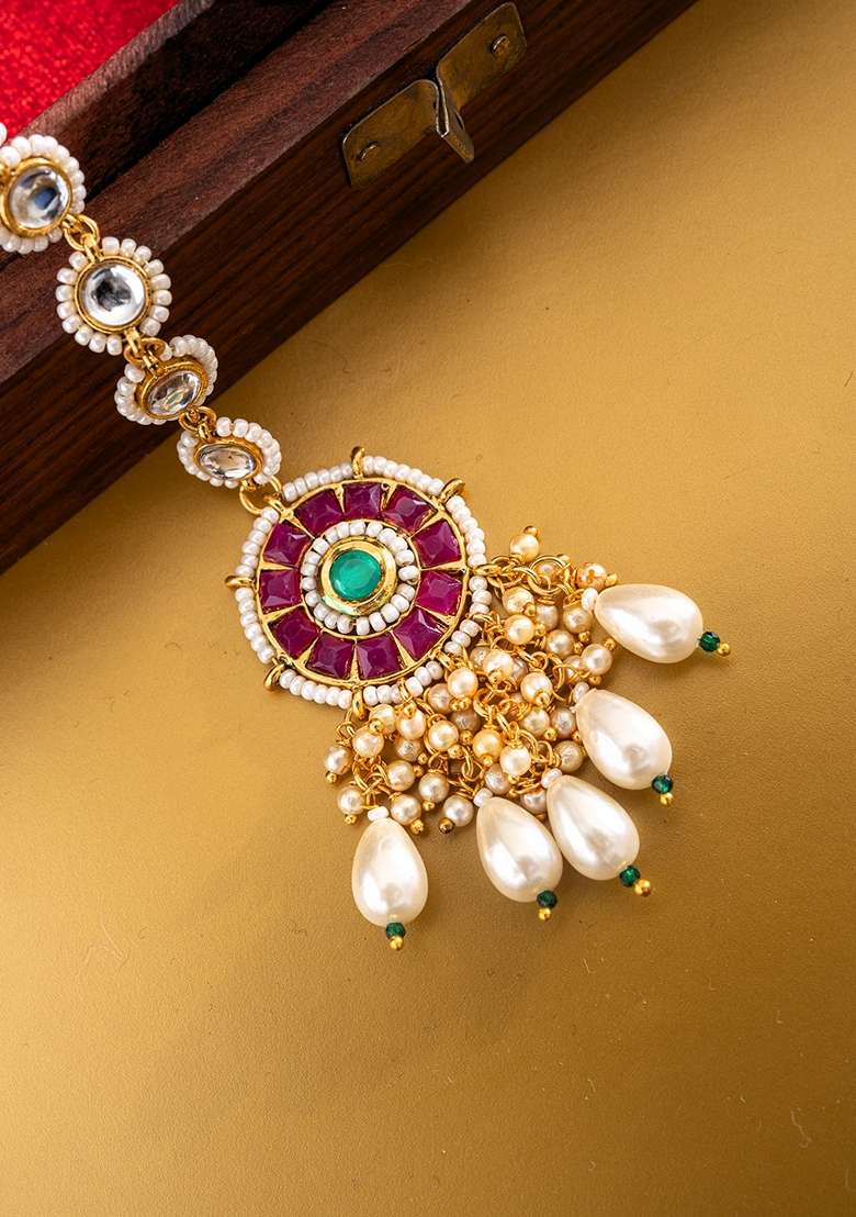Gold Plated Kundan Studded Maang Tikka - Indya
