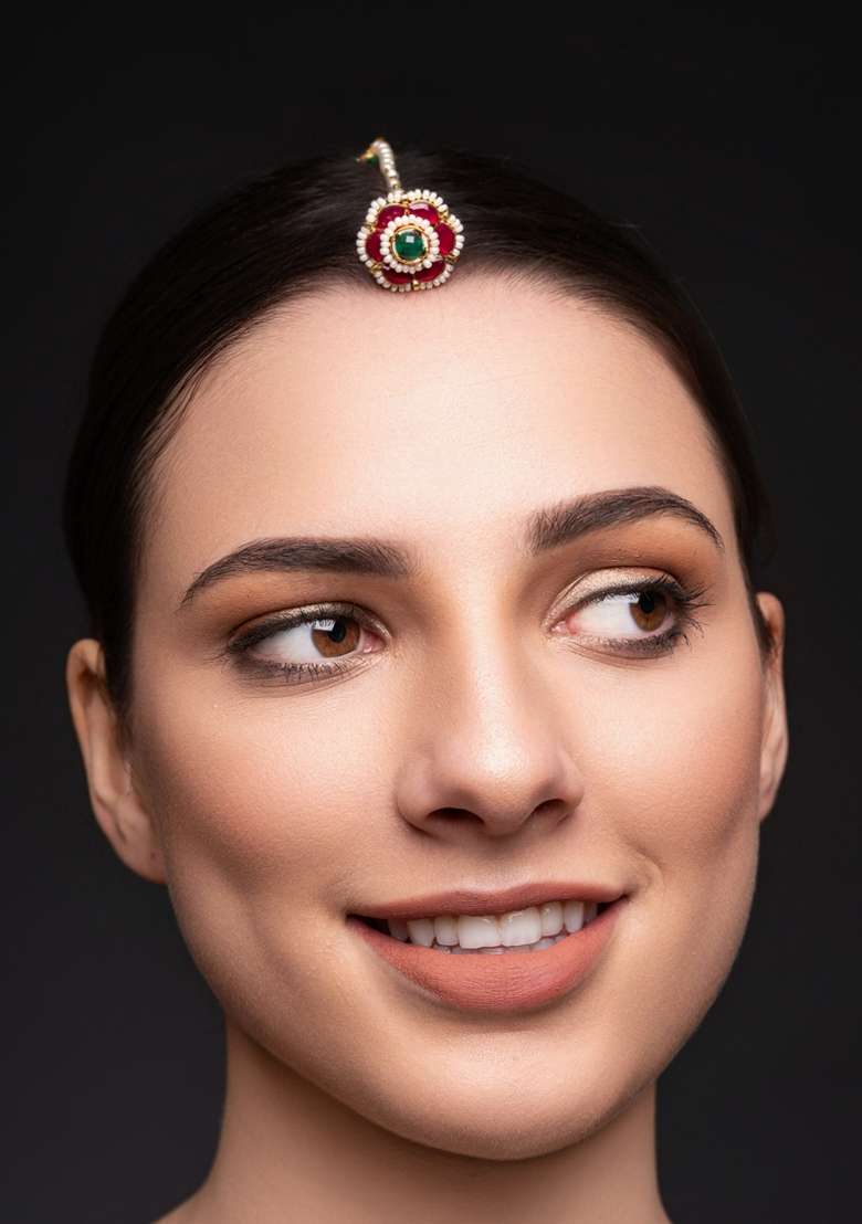 Gold Plated Kundan Studded and Pearls Beaded Maang Tikka - Indya