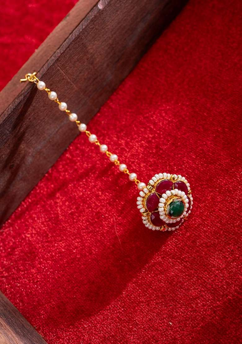 Gold Plated Kundan Studded and Pearls Beaded Maang Tikka - Indya