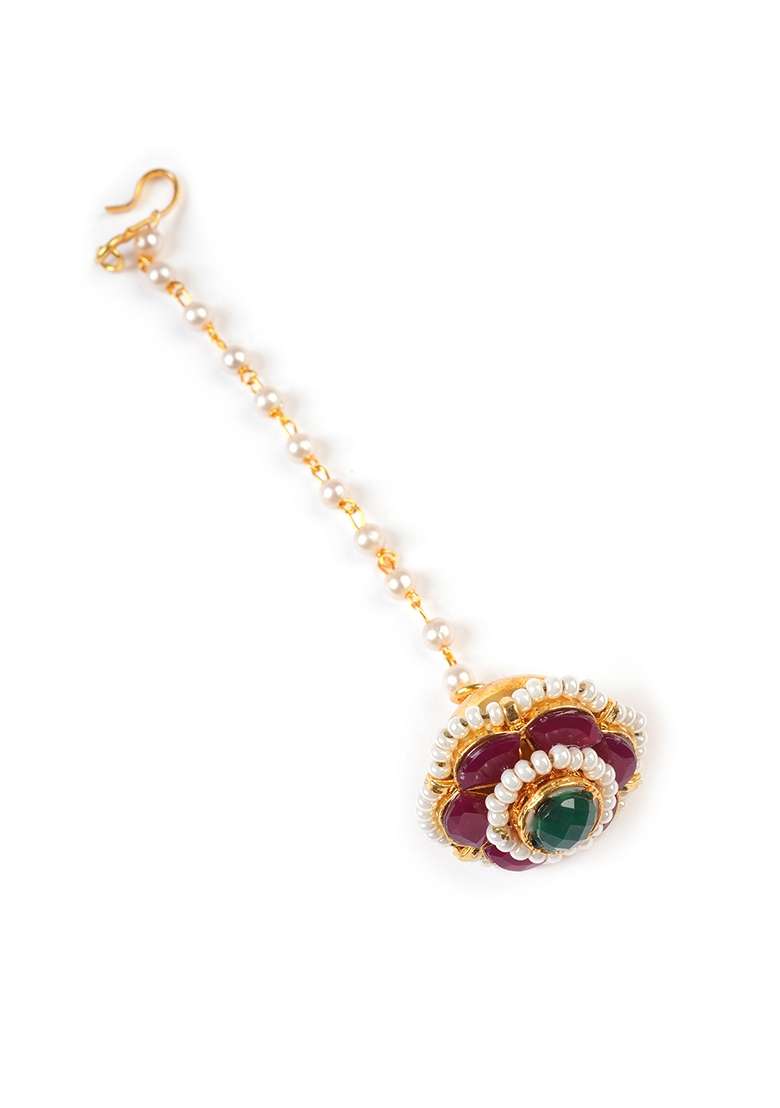 Gold Plated Kundan Studded and Pearls Beaded Maang Tikka - Indya