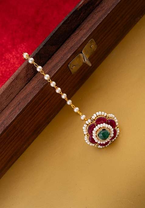 Gold Plated Kundan Studded and Pearls Beaded Maang Tikka