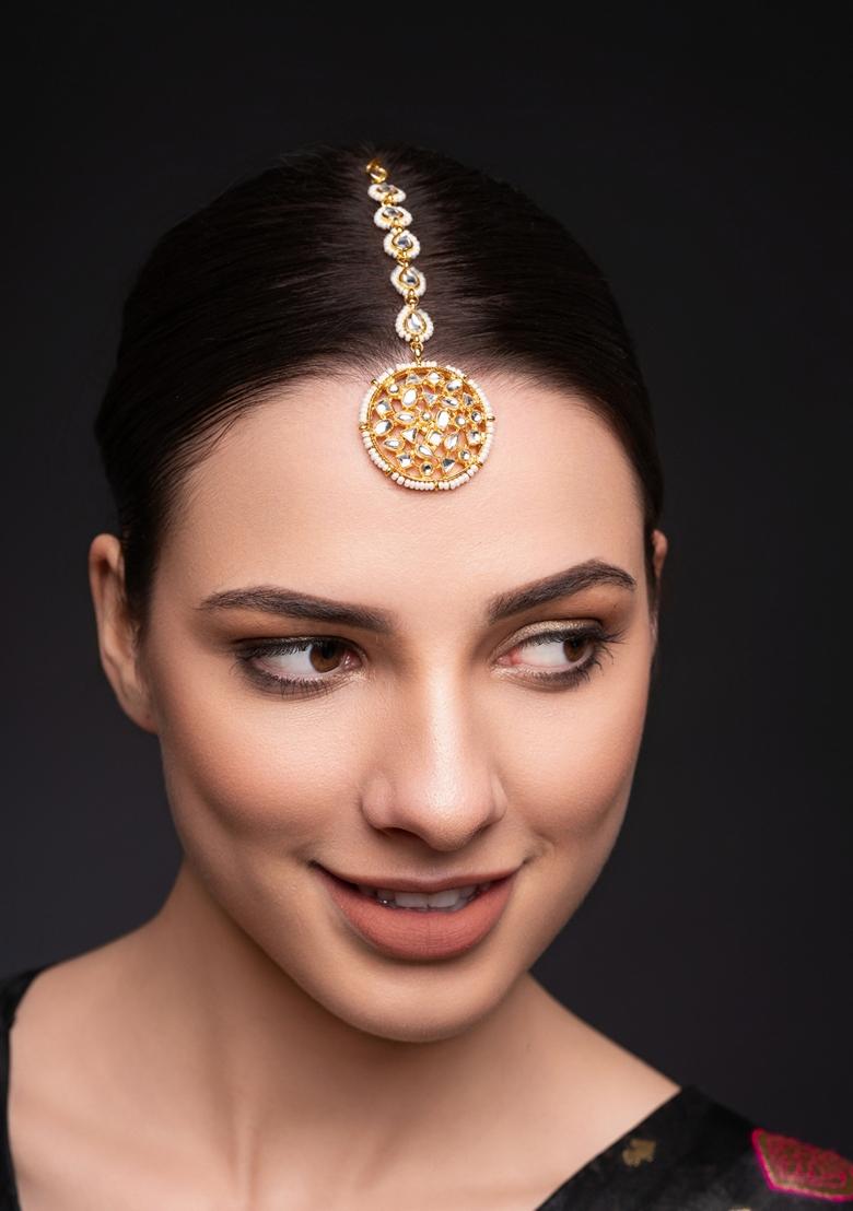 Gold Plated Kundan Studded and Pearls Beaded Maang Tikka