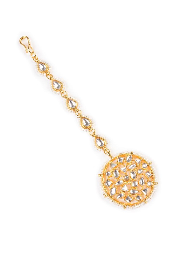 Gold Plated Kundan Studded and Pearls Beaded Maang Tikka