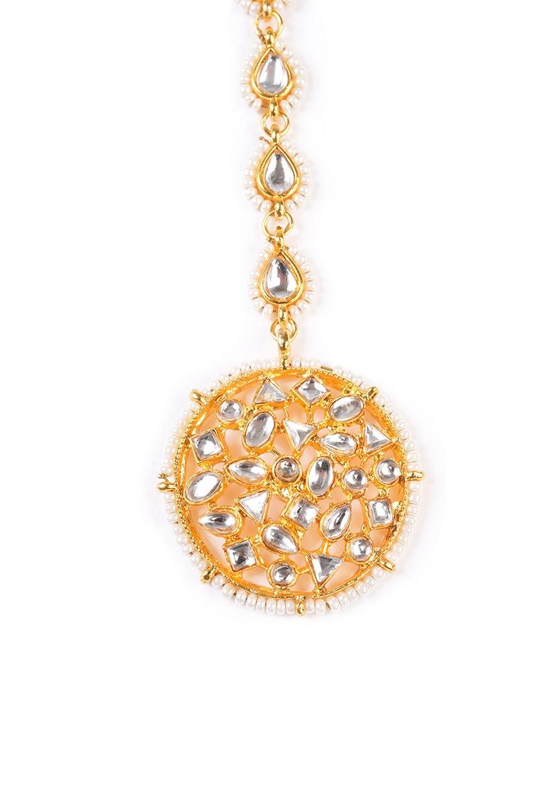 Gold Plated Kundan Studded and Pearls Beaded Maang Tikka