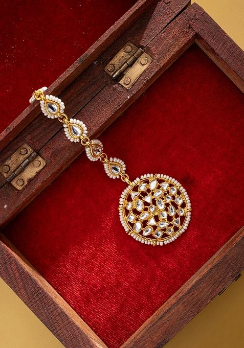 Gold Plated Kundan Studded and Pearls Beaded Maang Tikka