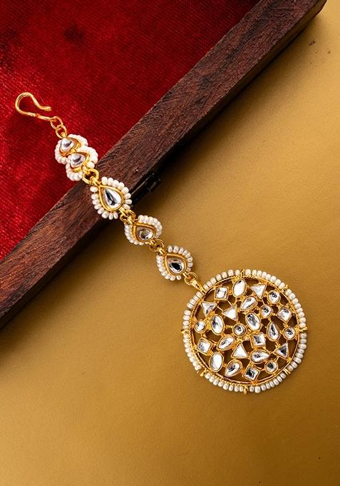 Gold Plated Kundan Studded and Pearls Beaded Maang Tikka
