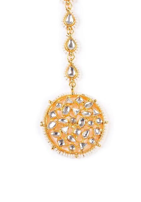 Gold Plated Kundan Studded and Pearls Beaded Maang Tikka