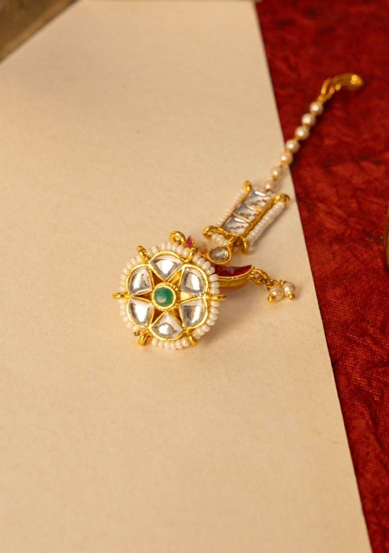 Gold Plated Kundan Studded and Pearls Beaded Maang Tikka - Indya