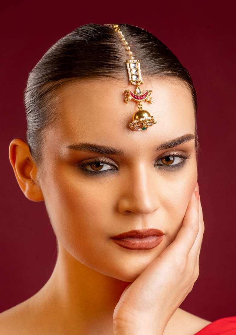 Gold Plated Kundan Studded and Pearls Beaded Maang Tikka - Indya