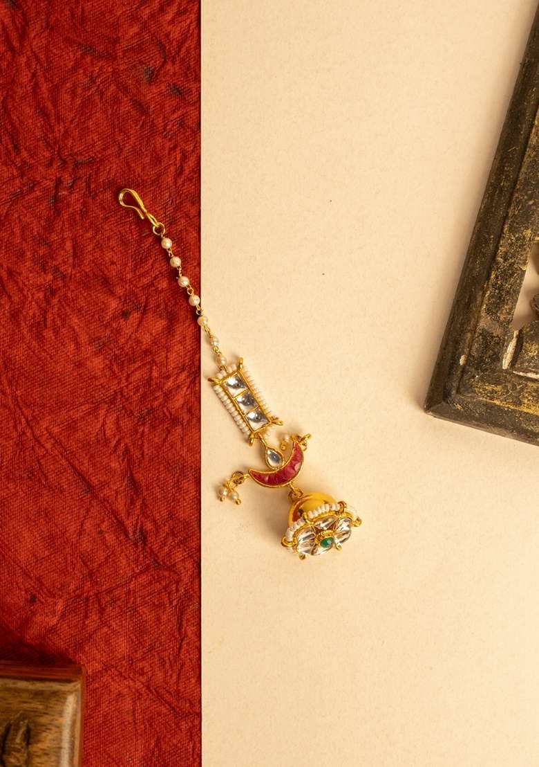 Gold Plated Kundan Studded and Pearls Beaded Maang Tikka - Indya