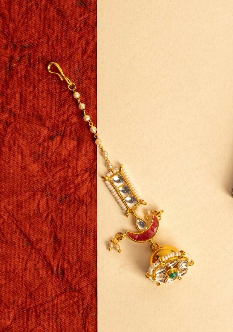 Gold Plated Kundan Studded and Pearls Beaded Maang Tikka - Indya