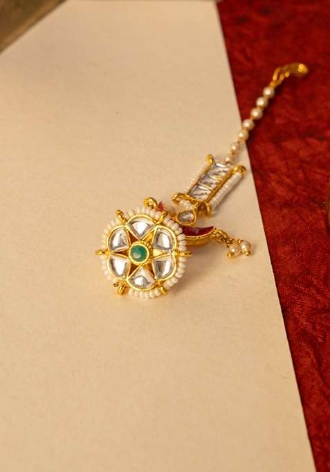 Gold Plated Kundan Studded and Pearls Beaded Maang Tikka