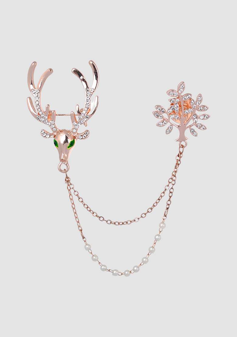 Men Gold Toned Deer And Tree 2 Chains Brooch Lapel Pin For Party Suits - Indya