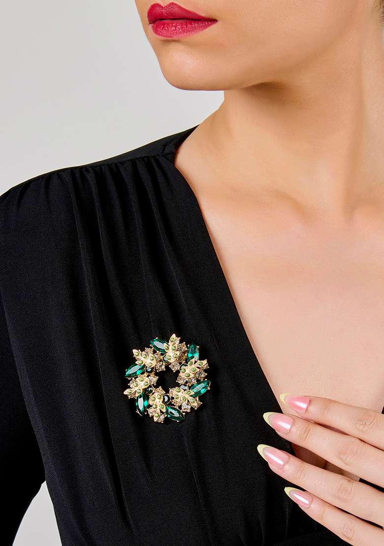 Women Gold Toned Green Stone Studded Brooch - Indya