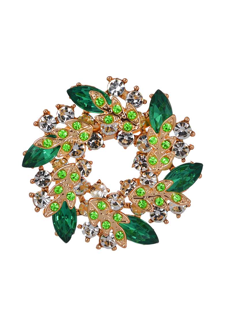 Women Gold Toned Green Stone Studded Brooch - Indya