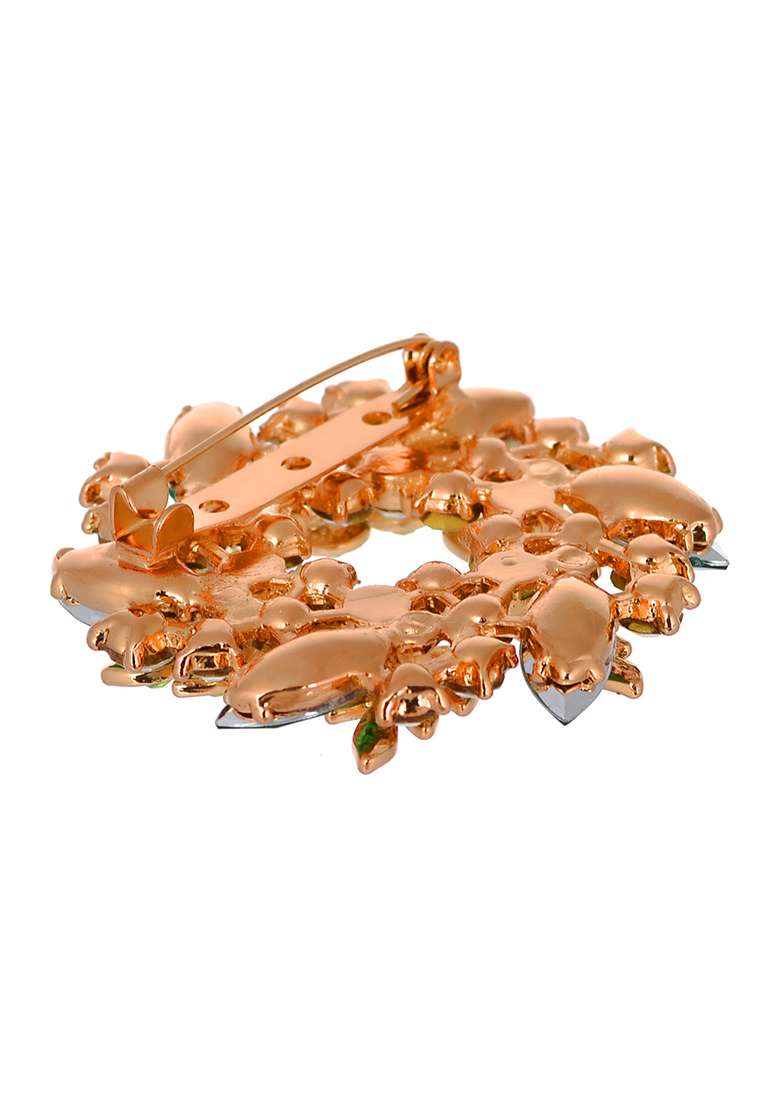 Women Gold Toned Green Stone Studded Brooch - Indya