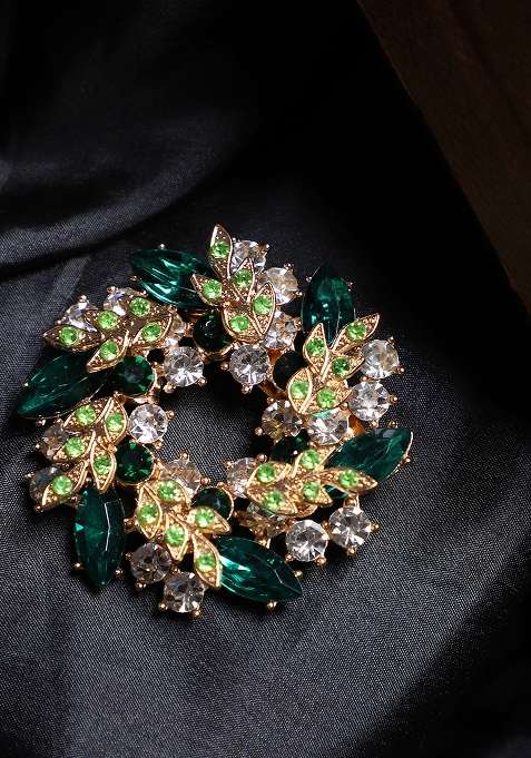 Women Gold Toned Green Stone Studded Brooch