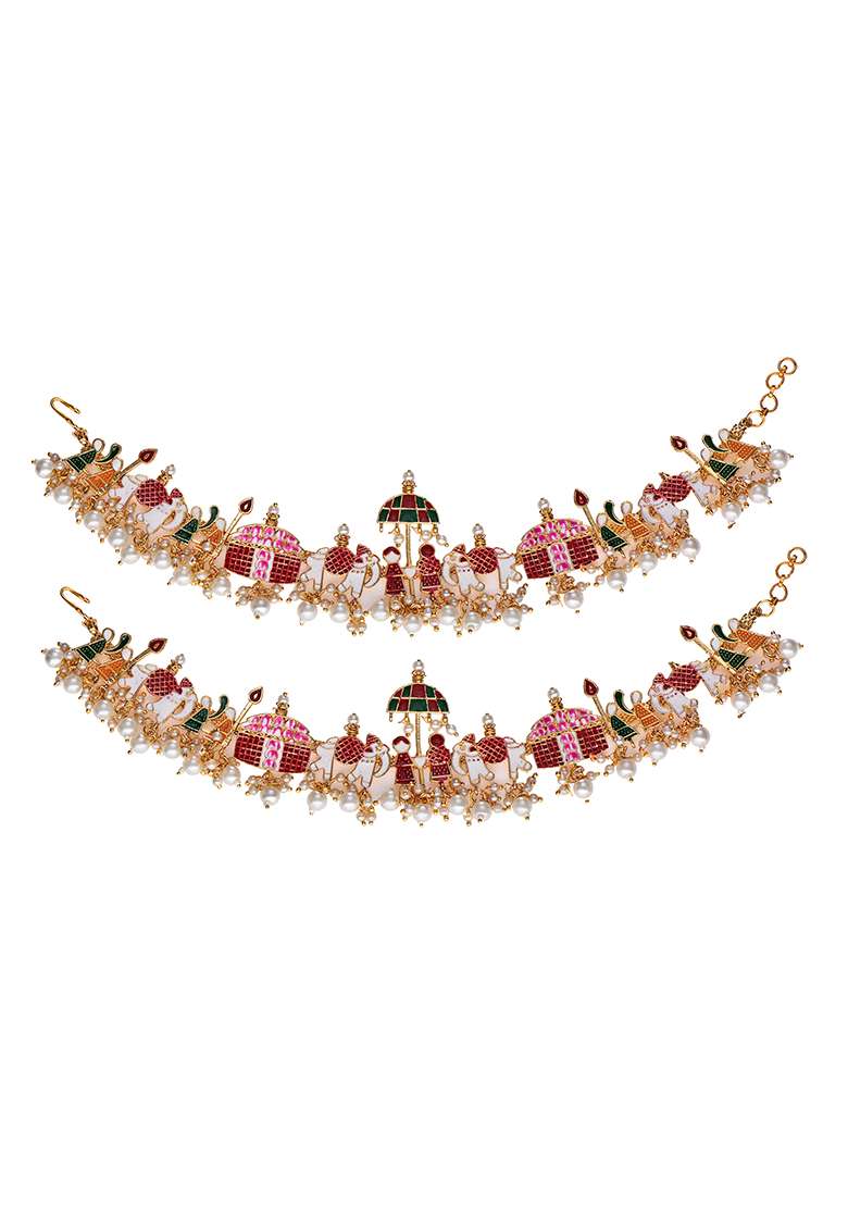 Golden White Red Green Designer Brass Anklet - Indya