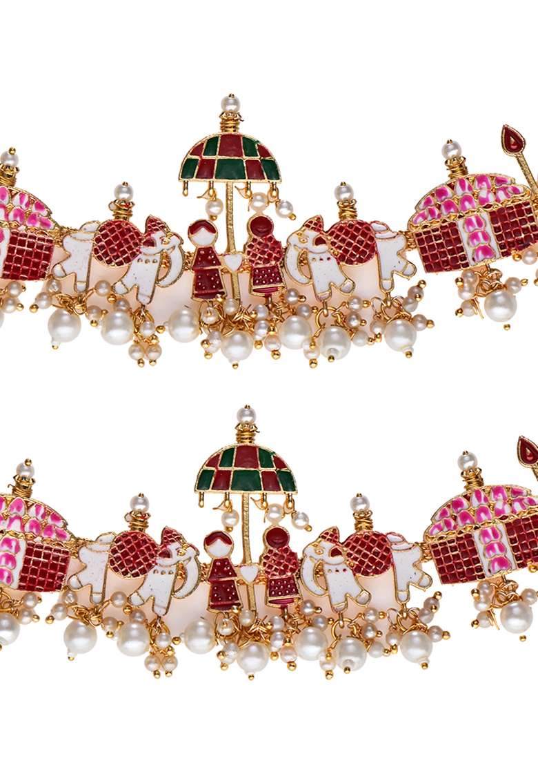 Golden White Red Green Designer Brass Anklet - Indya