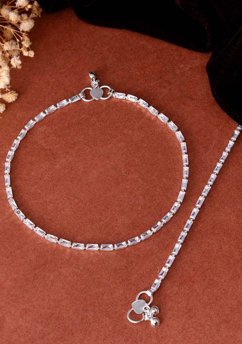 Set of 2 Silver Plated Stone Studded Anklet - Indya
