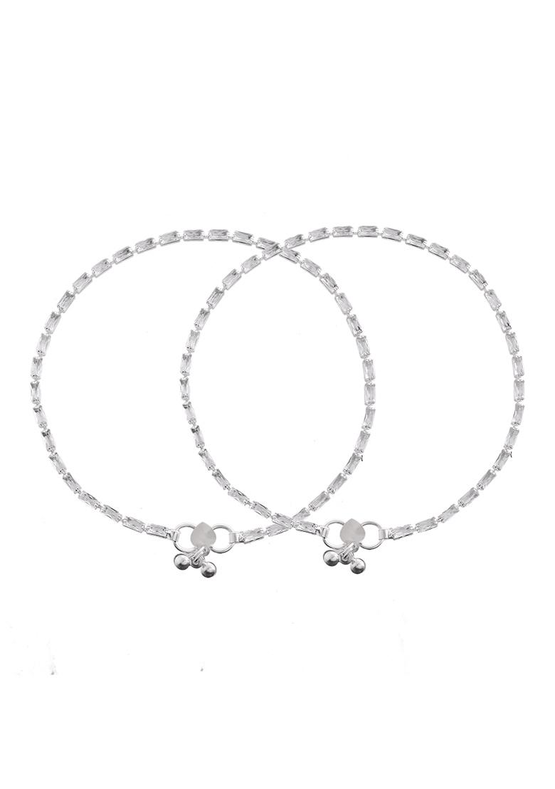 Set of 2 Silver Plated Stone Studded Anklet - Indya