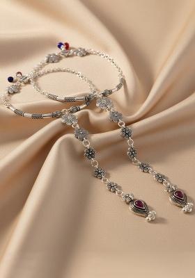 Set Of 2 Silver-Plated Stainless Steel Floral Shape Anklet With Toe Ring
