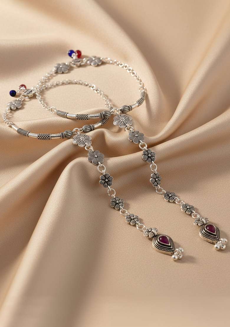Set Of 2 Silver-Plated Stainless Steel Floral Shape Anklet With Toe Ring - Indya