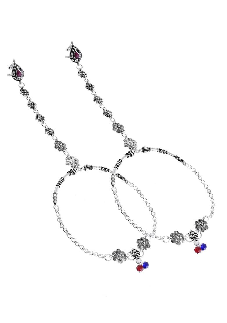 Set Of 2 Silver-Plated Stainless Steel Floral Shape Anklet With Toe Ring - Indya